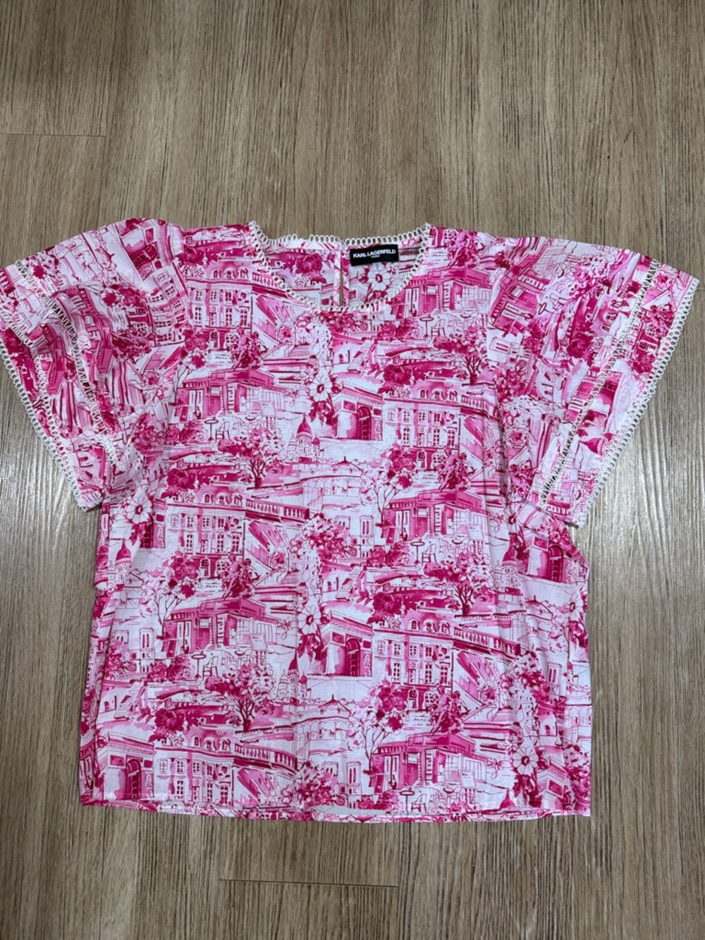 New Karl Lagerfeld Hot Pink and White Scenic Print Top L
